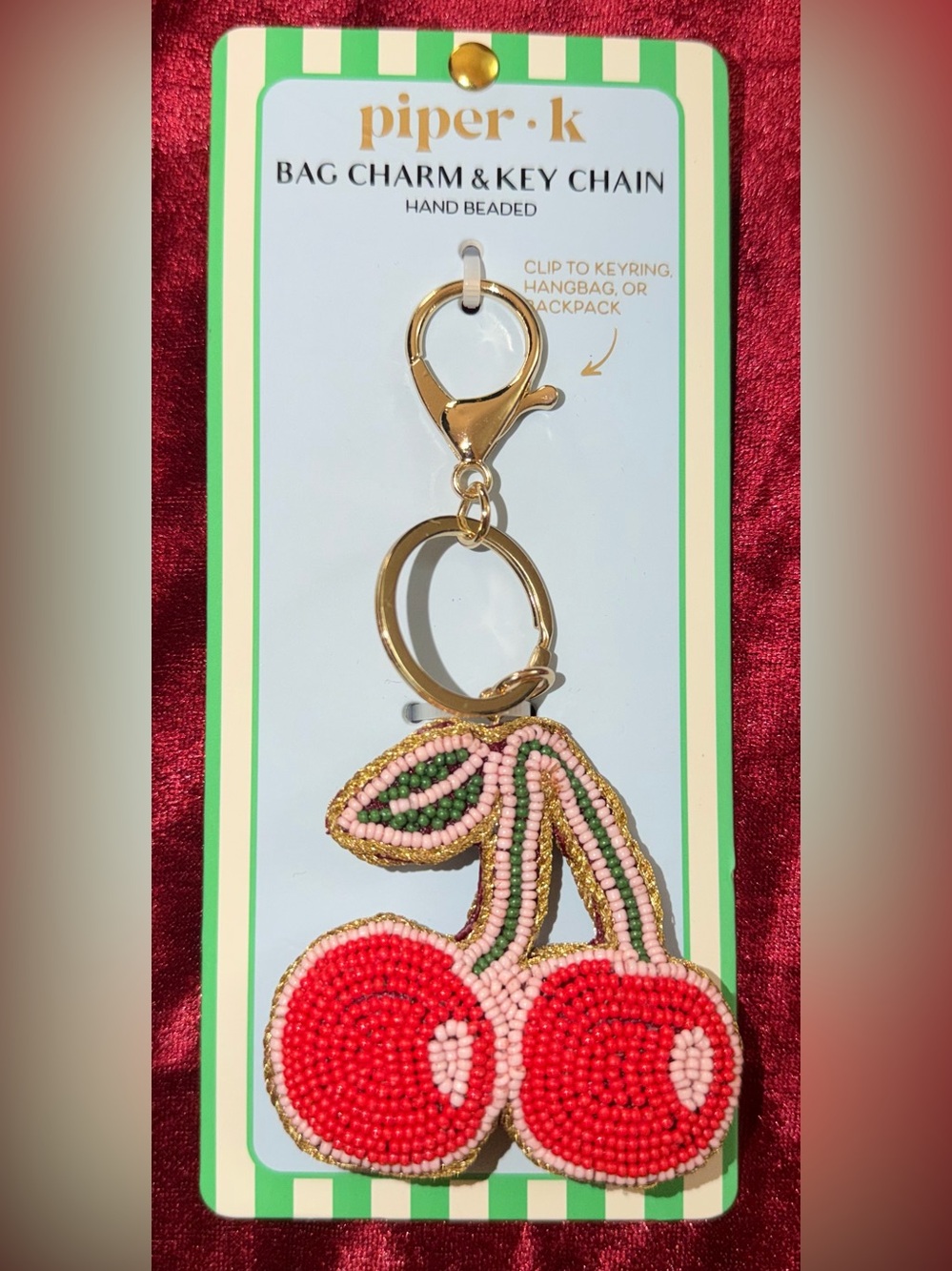 piper•k Hand-Beaded Cherry Keychain - Pink, Red & Green